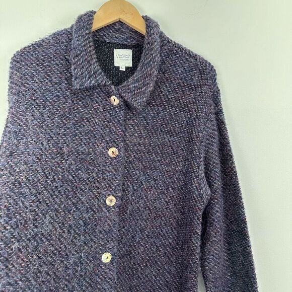 ViaVai Women’s Blue Multicolor Speckled Long Line Mohair Blend Cardigan Sweater - Picture 9 of 11